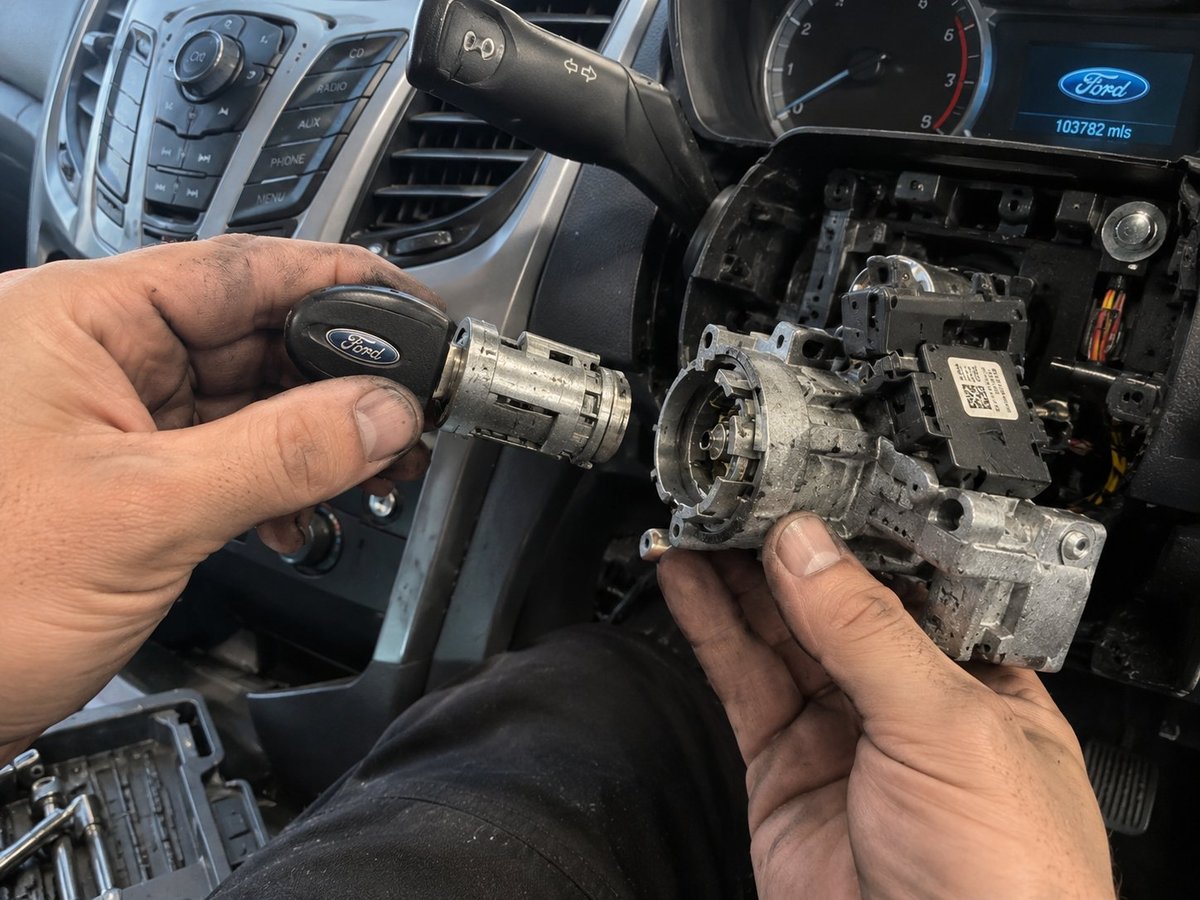Mechanic holding a Ford car key fob and examining an ignition switch component inside a vehicle dashboard